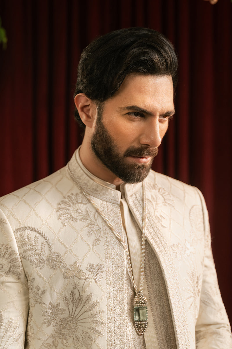 Boski Ivory Monotone Embroidered Cotton Silk Sherwani (3-Piece) - Image 4