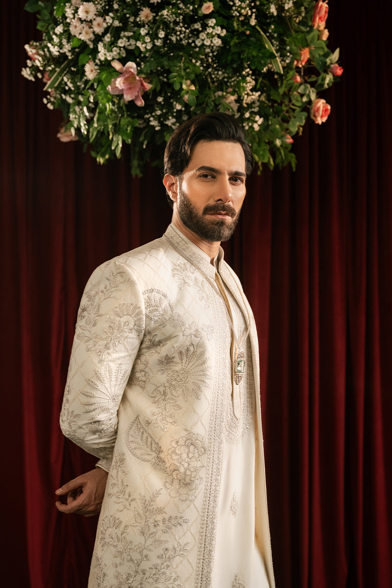 Boski Ivory Monotone Embroidered Cotton Silk Sherwani (3-Piece) - Image 5