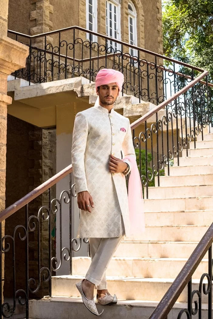 Ivory Diamond Sequin Cotton Silk Sherwani (3-Piece) - Image 2