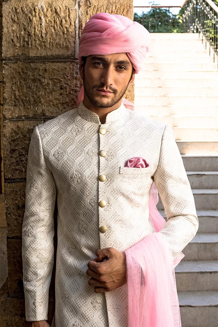 Ivory Diamond Sequin Cotton Silk Sherwani (3-Piece) - Image 3