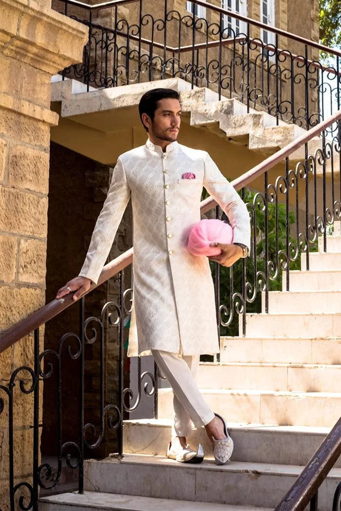 Ivory Diamond Sequin Cotton Silk Sherwani (3-Piece) - Image 4