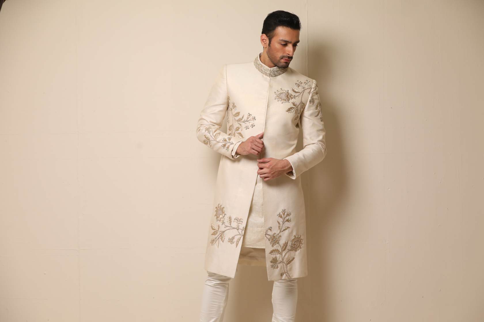 Off-White Embroidered Cotton Groom Sherwani (2-Piece) - Image 1