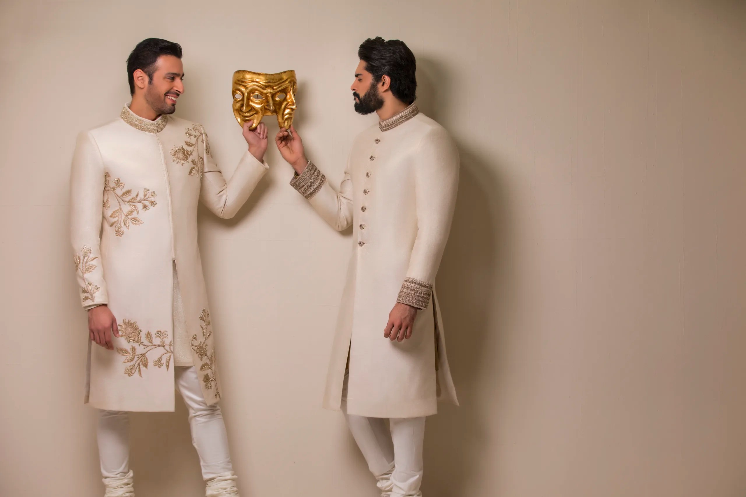 Off-White Embroidered Cotton Groom Sherwani (2-Piece) - Image 2