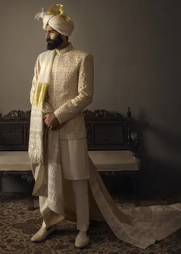 Ivory Zardozi Cotton Groom Sherwani (3-Piece) - Image 1