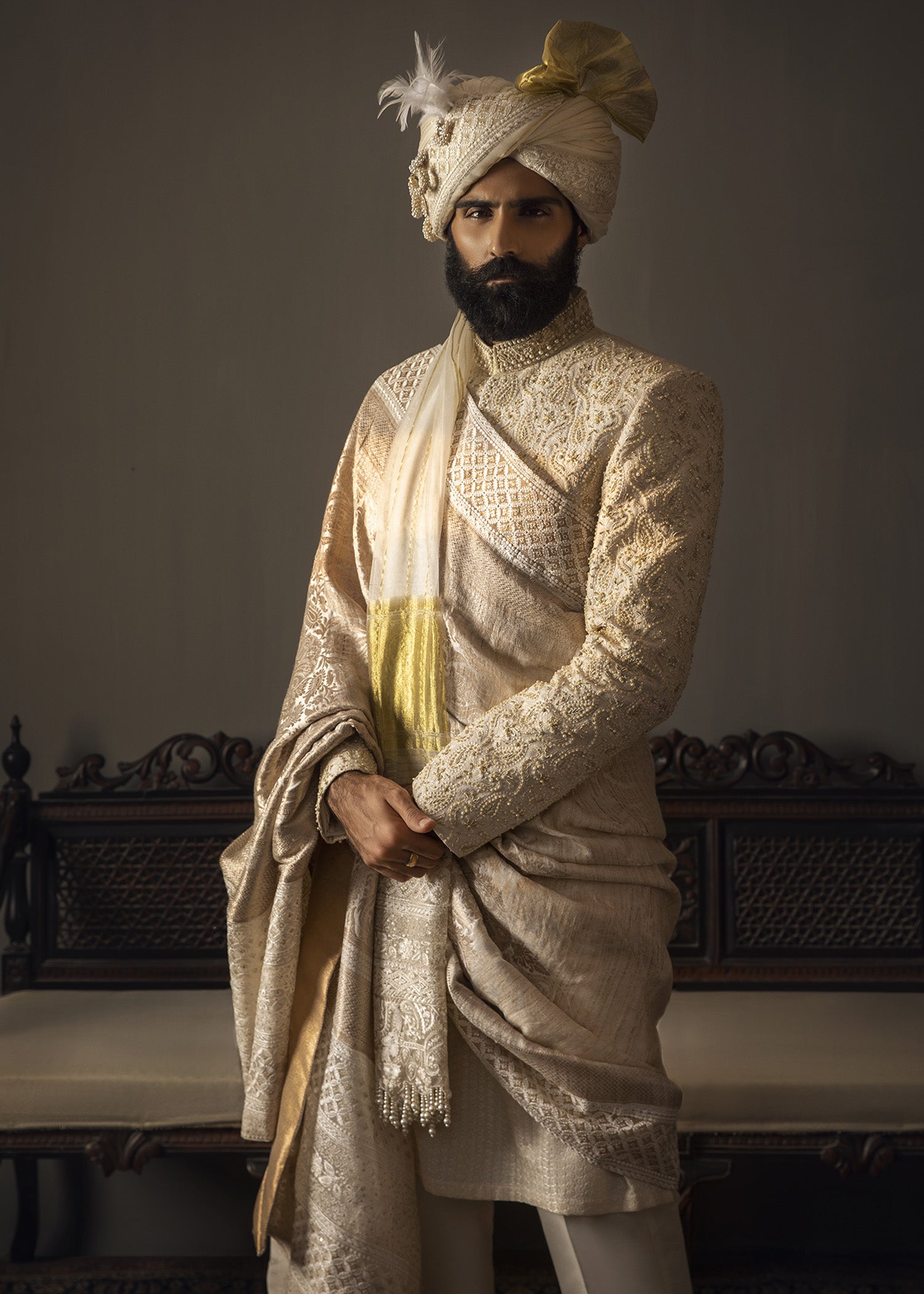 Ivory Zardozi Cotton Groom Sherwani (3-Piece) - Image 2