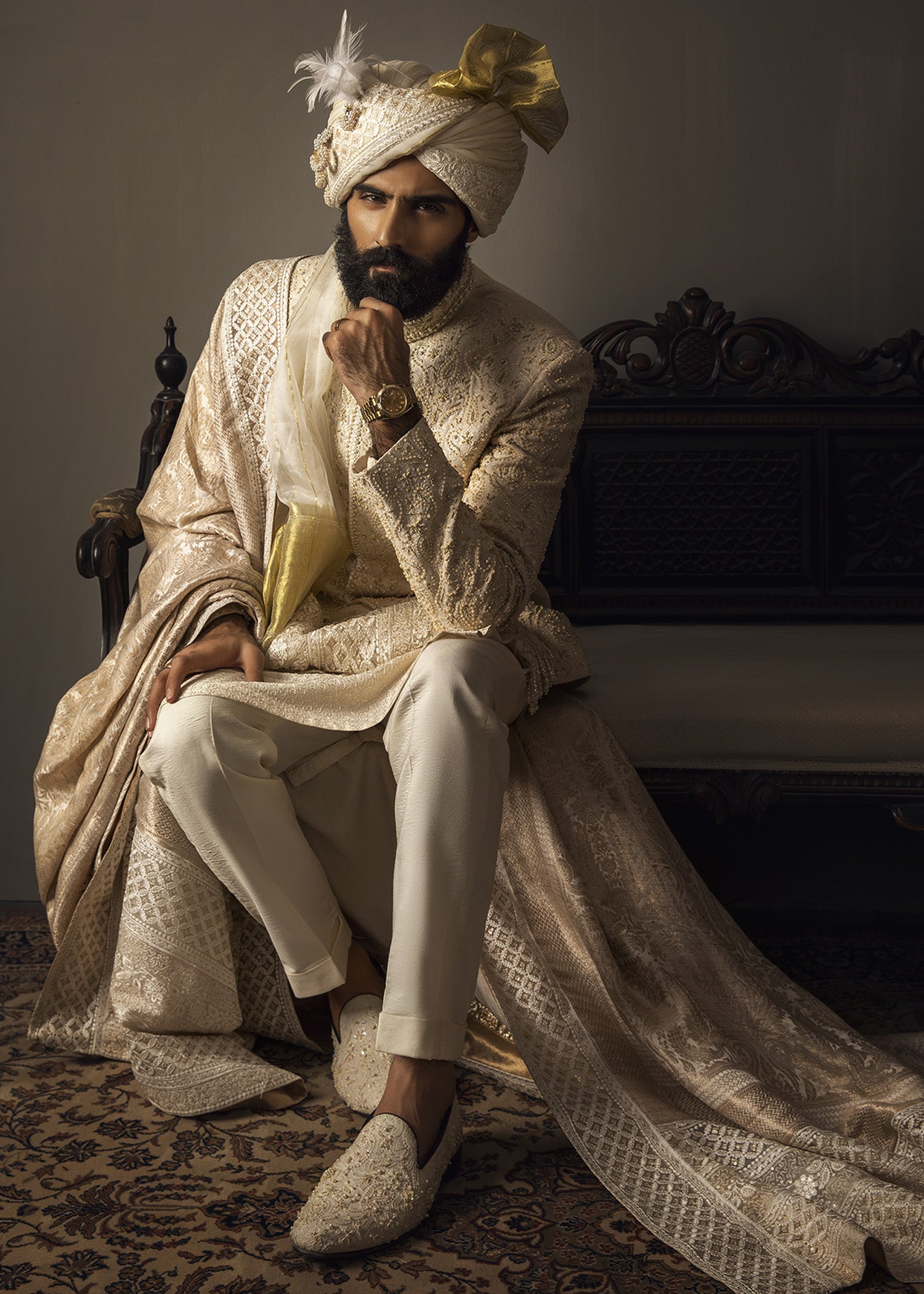 Ivory Zardozi Cotton Groom Sherwani (3-Piece) - Image 4