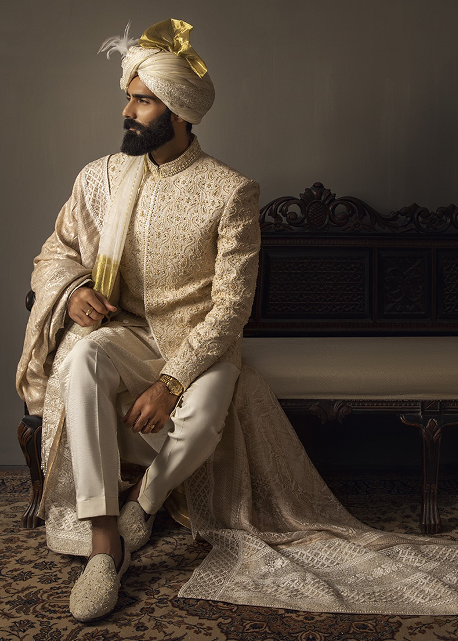 Ivory Zardozi Cotton Groom Sherwani (3-Piece) - Image 5