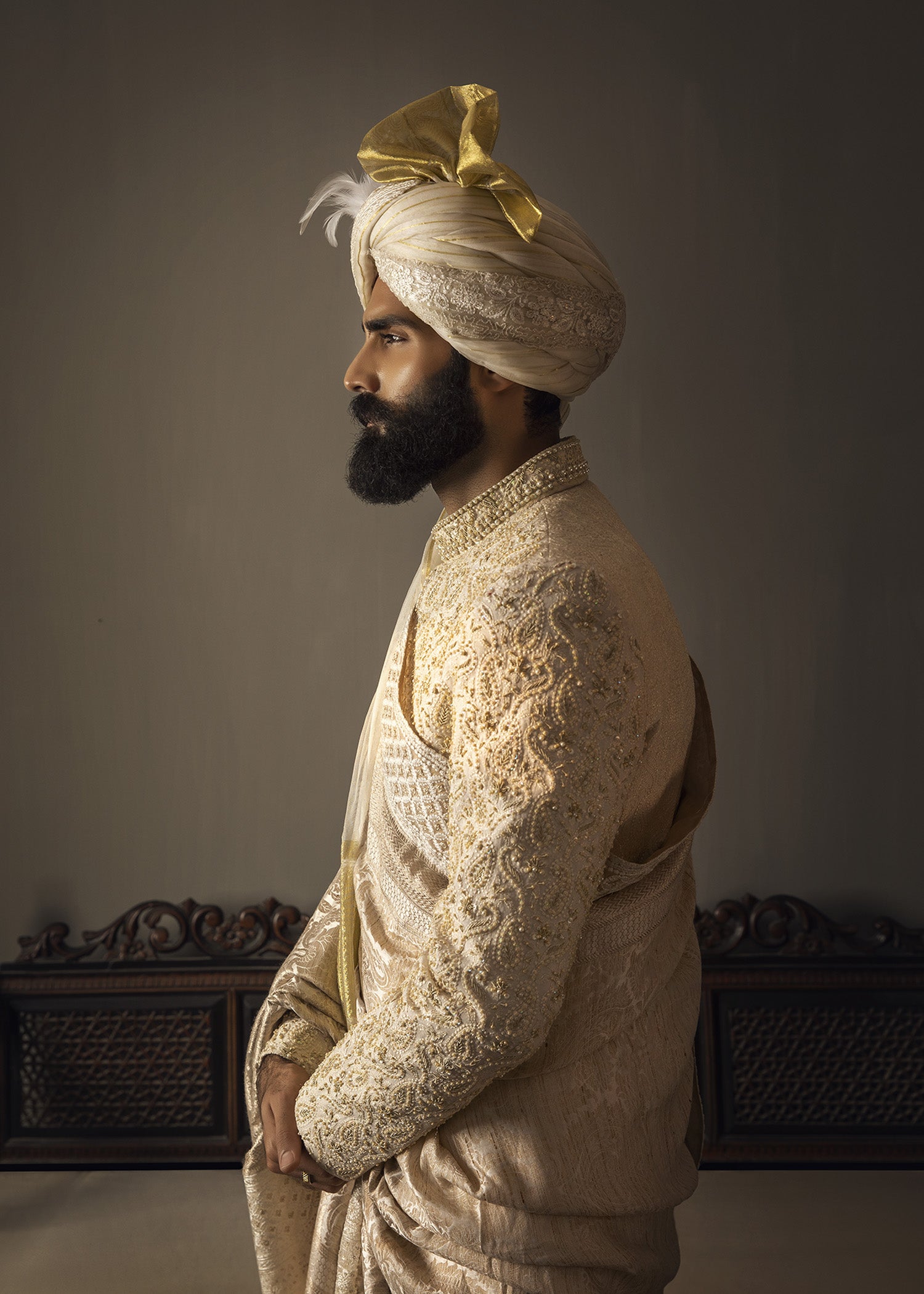 Ivory Zardozi Cotton Groom Sherwani (3-Piece) - Image 6