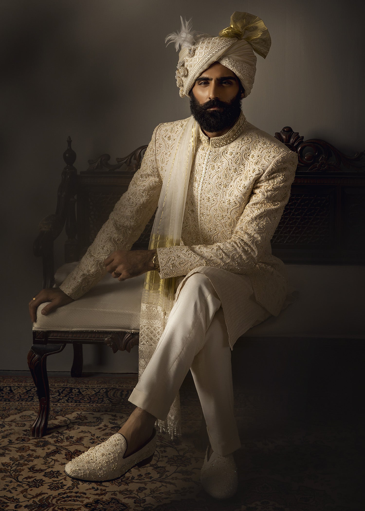 Ivory Zardozi Cotton Groom Sherwani (3-Piece) - Image 7