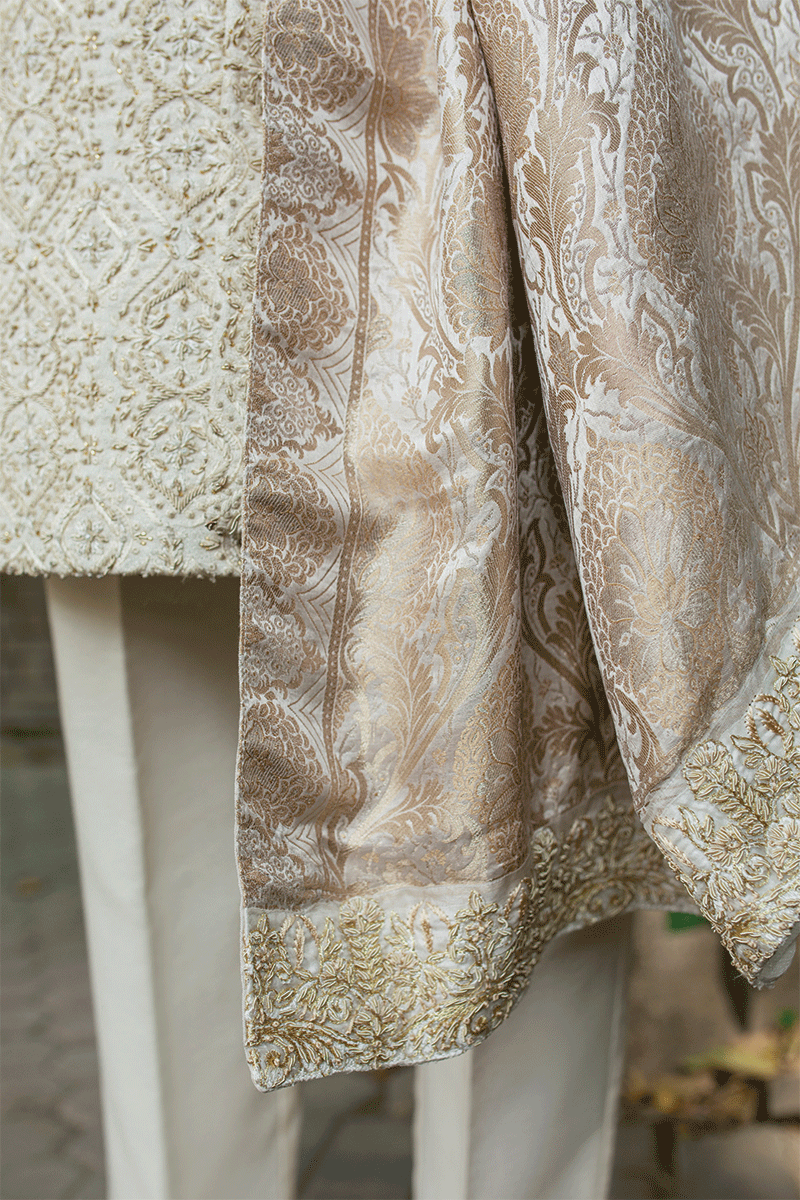 Ivory Hand-Embroidered Damask Jacquard Sherwani (3-Piece) - Image 3