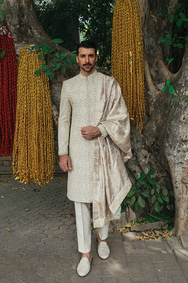 Ivory Damask Jacquard Sherwani (3-Piece) - Image 1