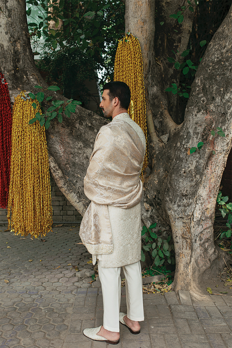 Ivory Damask Jacquard Sherwani (3-Piece) - Image 4