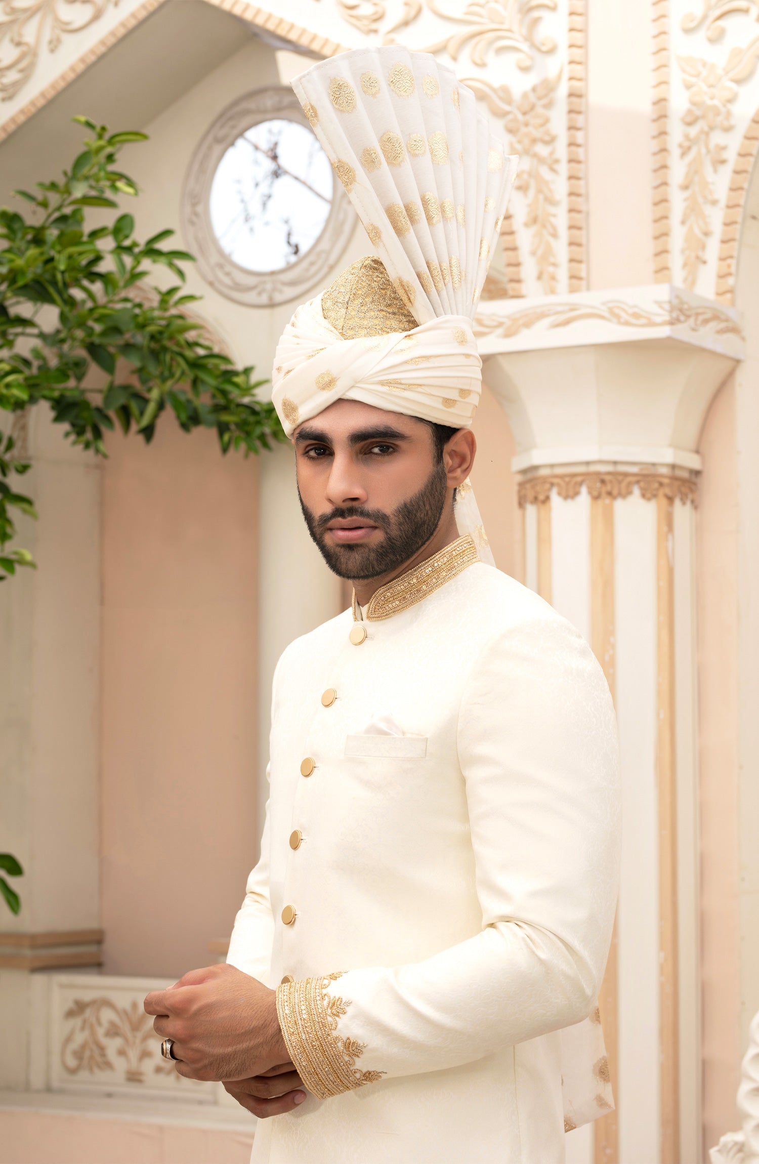 Ivory White Adaa Work Embossed Silk Sherwani (3-Piece) - Image 2