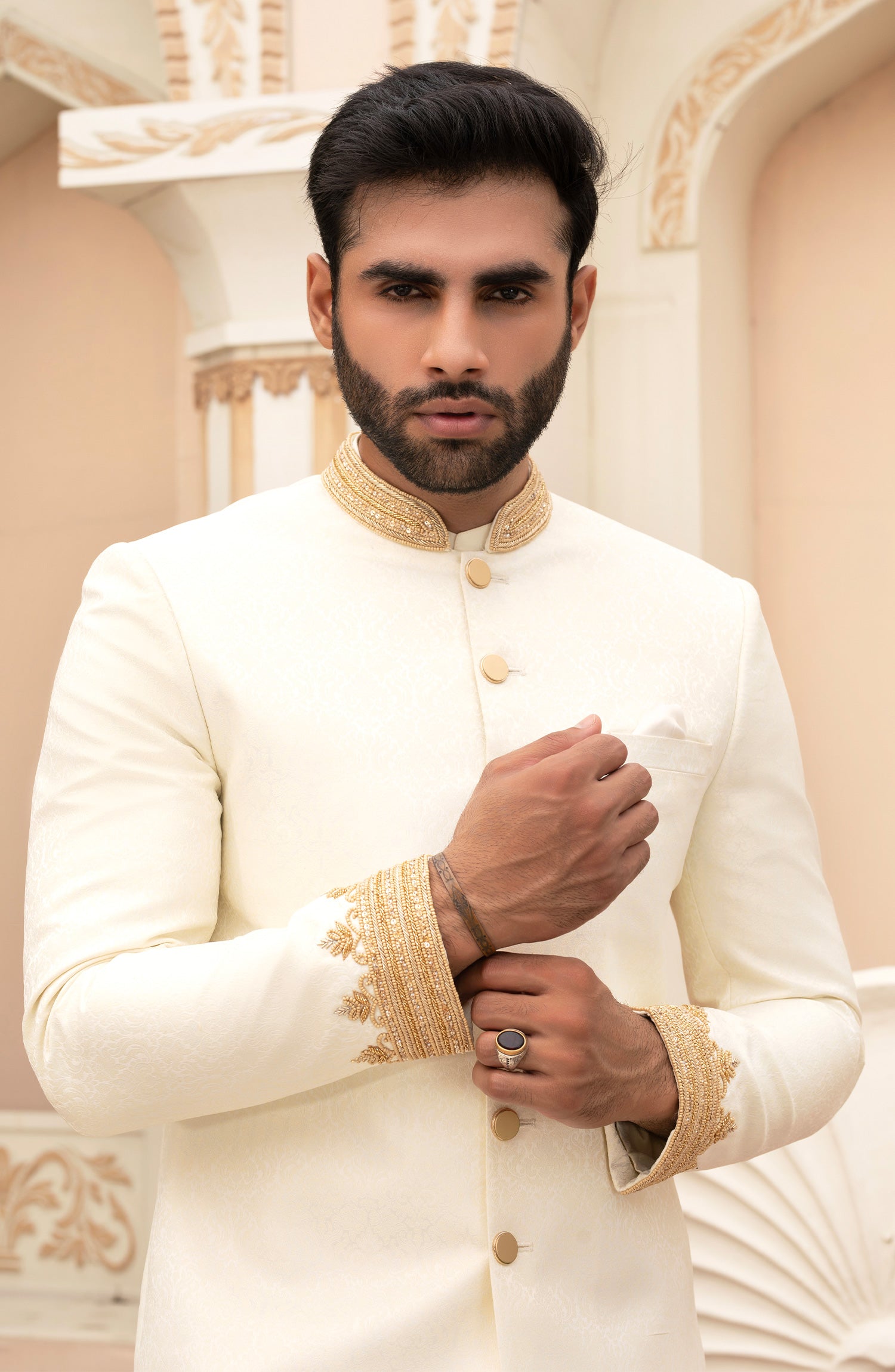 Ivory White Adaa Work Embossed Silk Sherwani (3-Piece) - Image 3