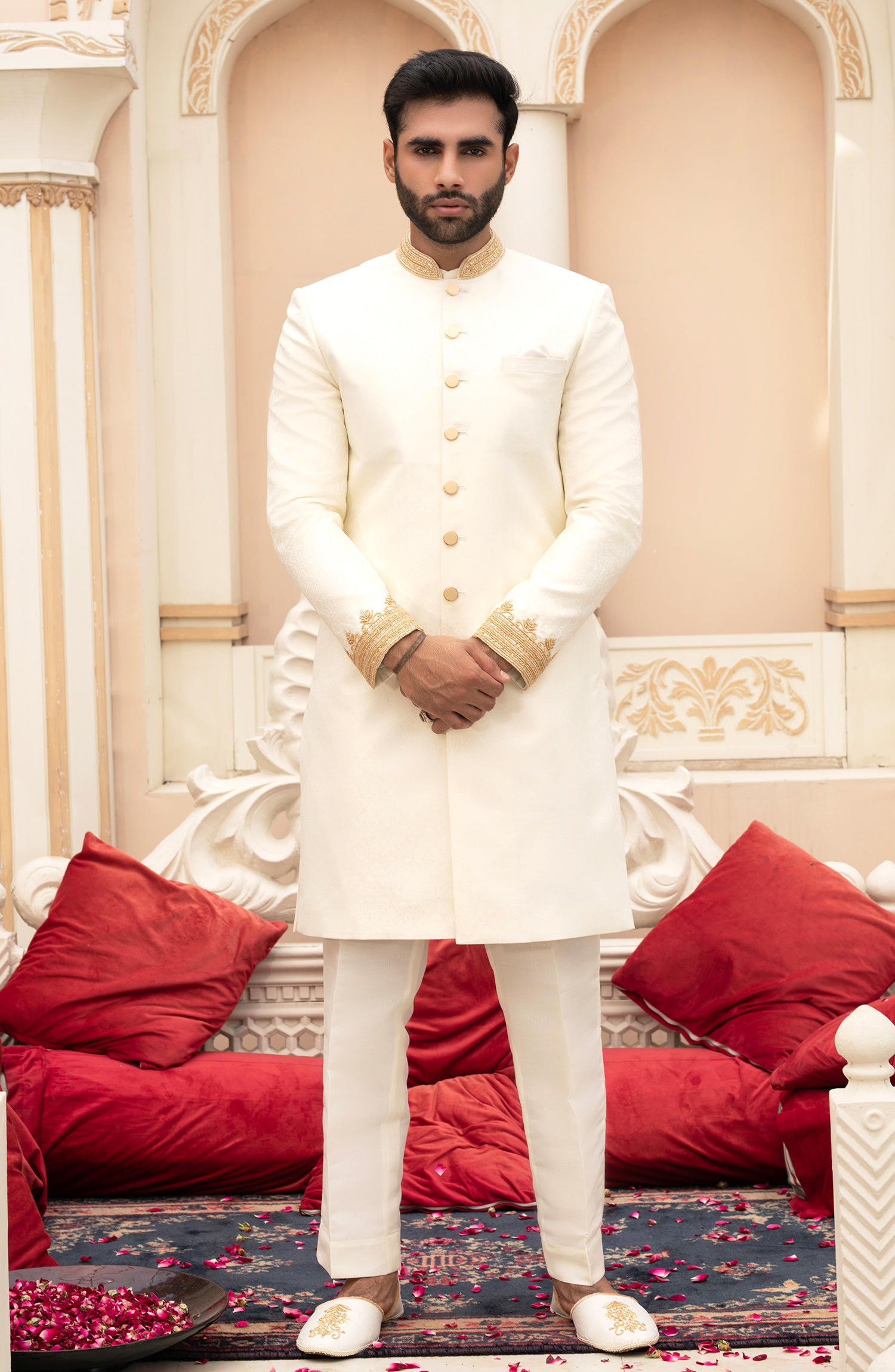 Ivory White Adaa Work Embossed Silk Sherwani (3-Piece) - Image 4