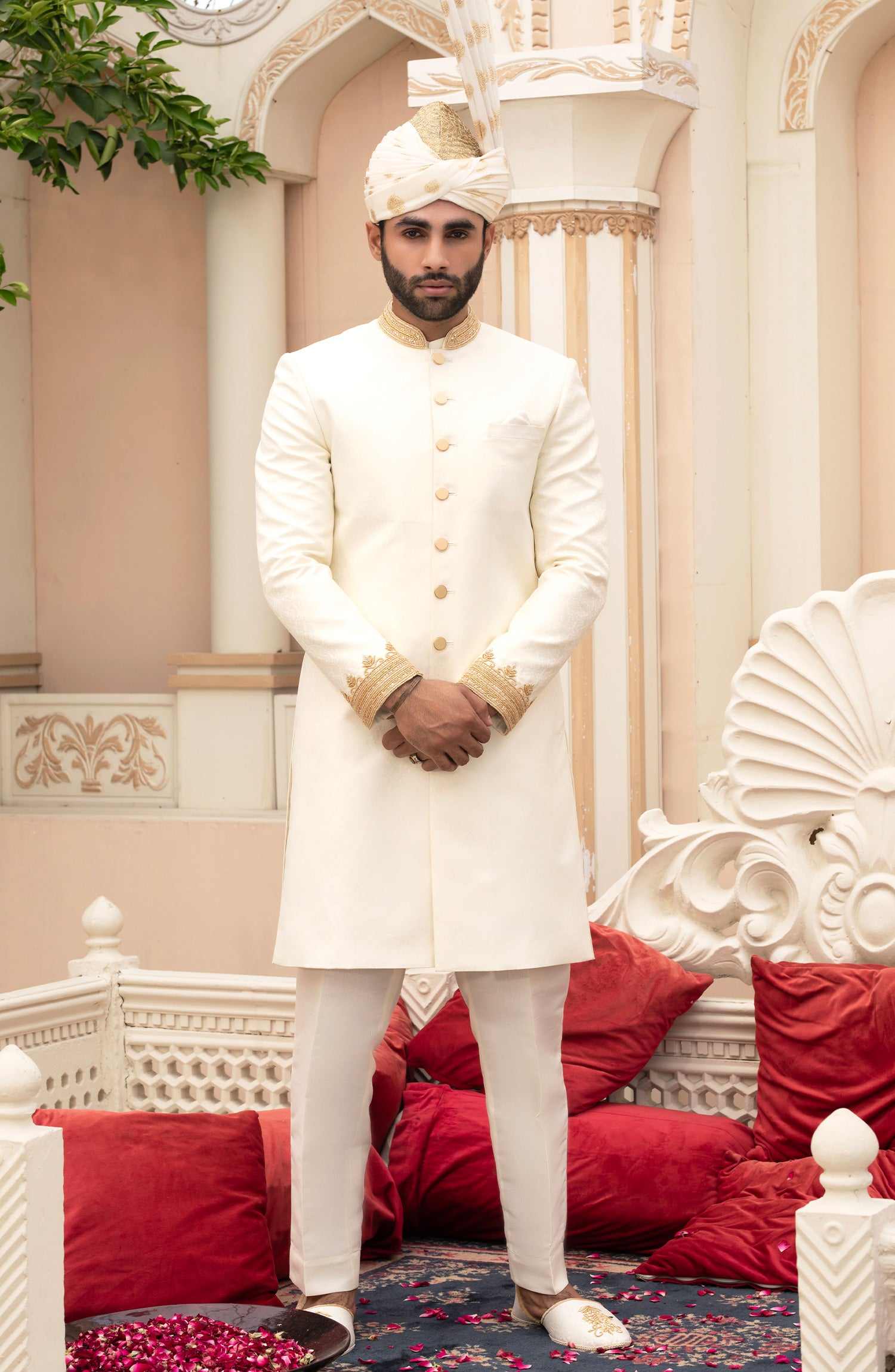 Ivory Adaa Work Embossed Silk Sherwani (3-Piece) - Image 1