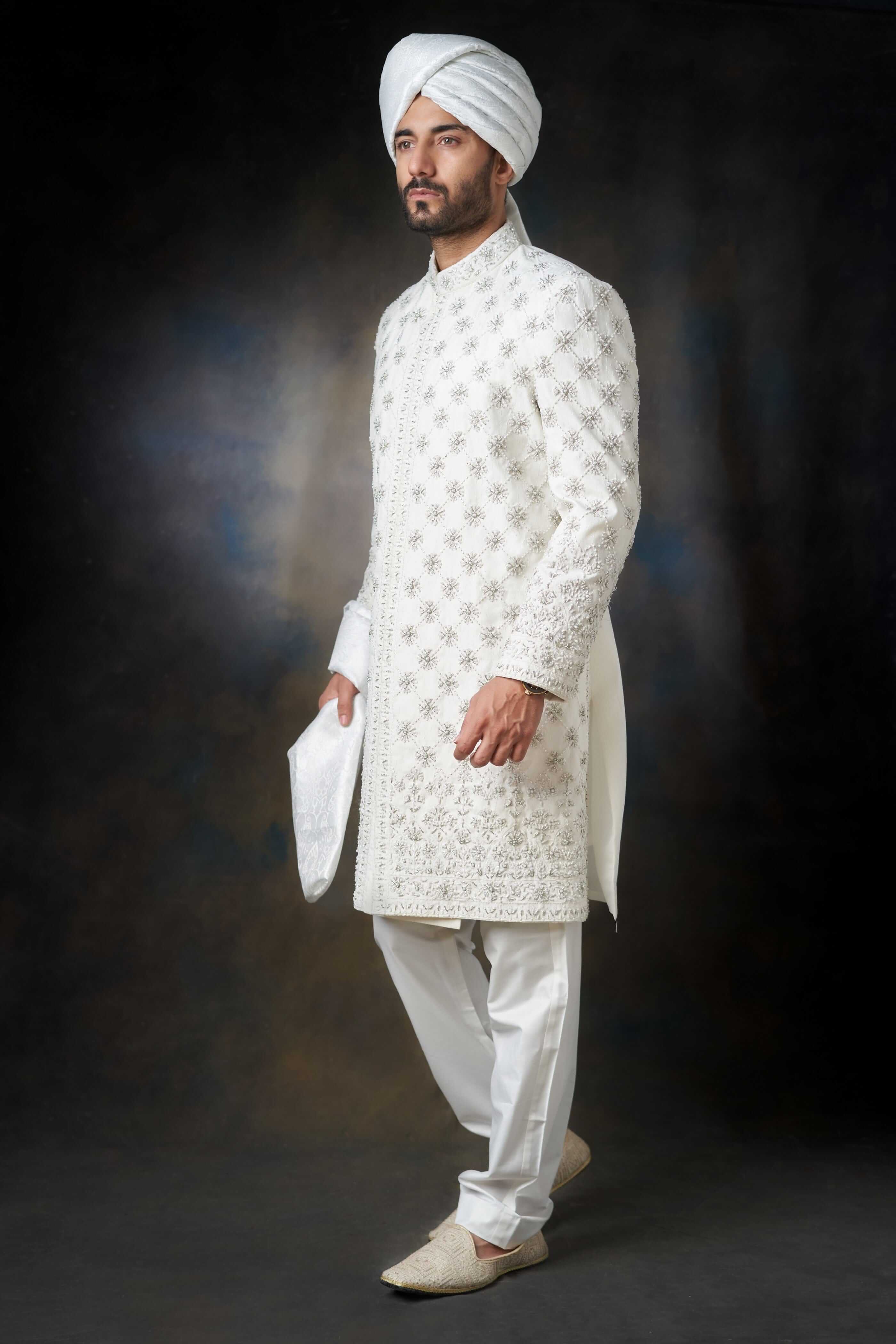 Off-White Embroidered Jaal Handwoven Sherwani (2-Piece) - Image 1
