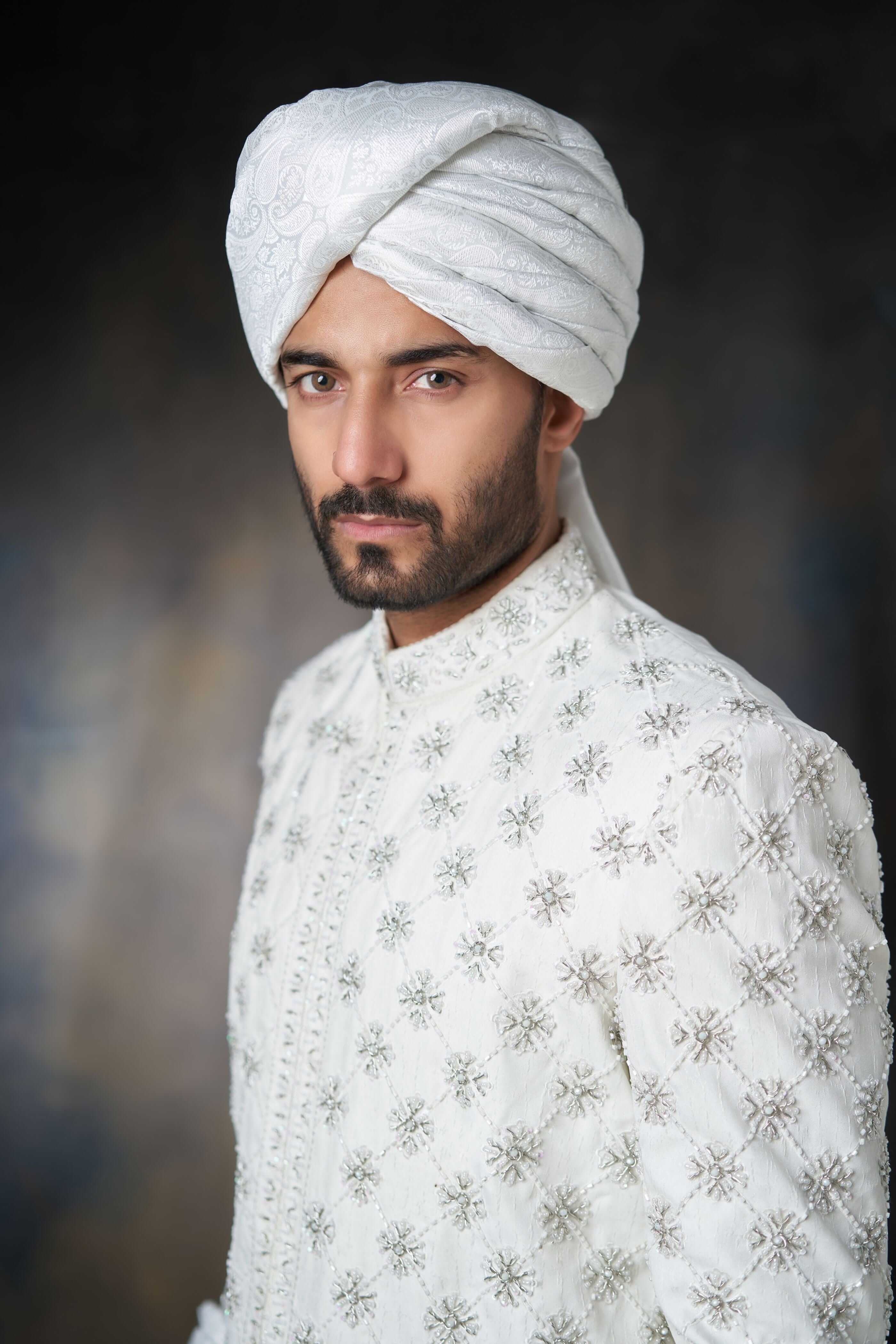 Off-White Embroidered Jaal Handwoven Sherwani (2-Piece) - Image 2