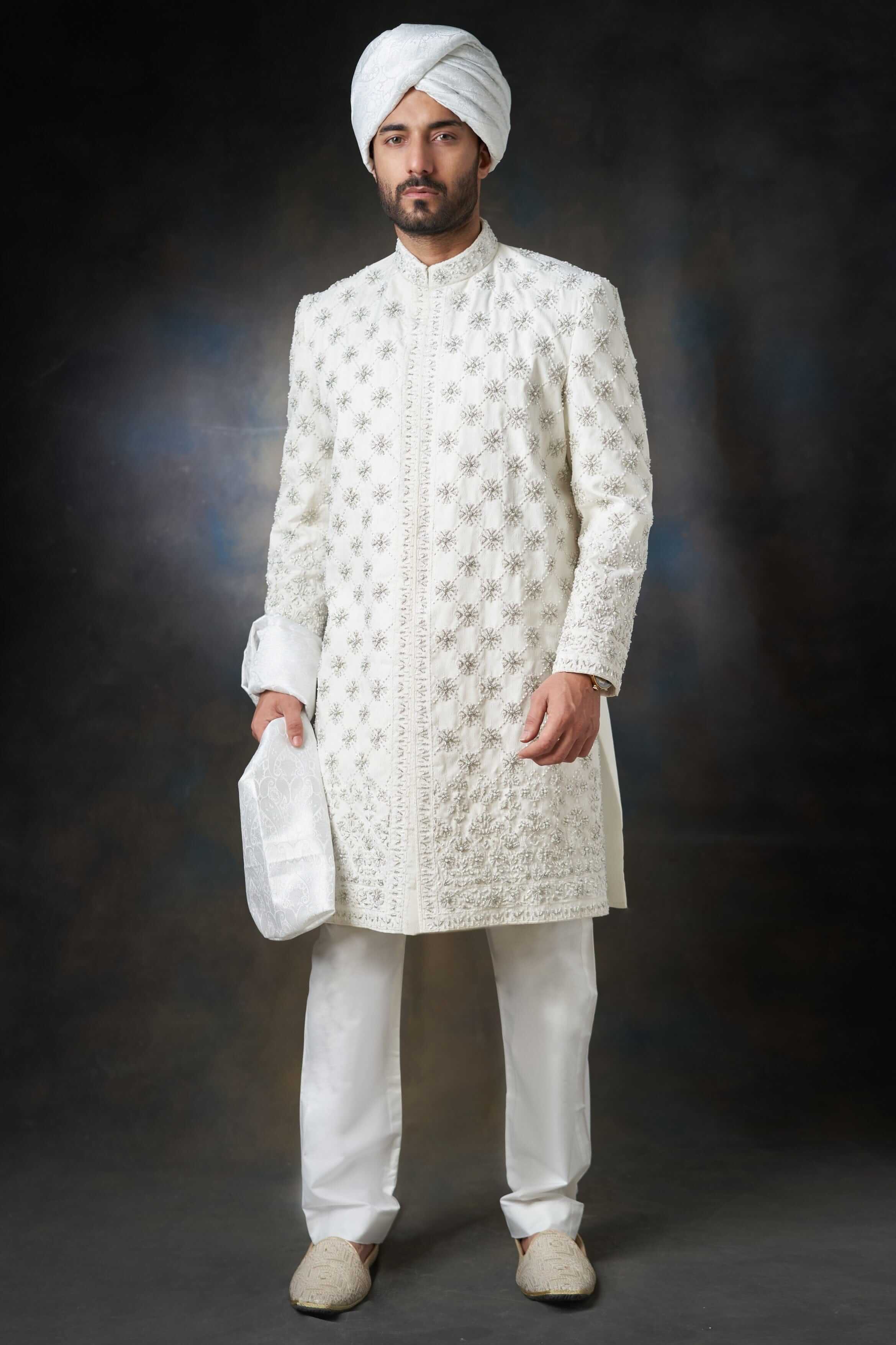 Off-White Embroidered Jaal Handwoven Sherwani (2-Piece) - Image 3