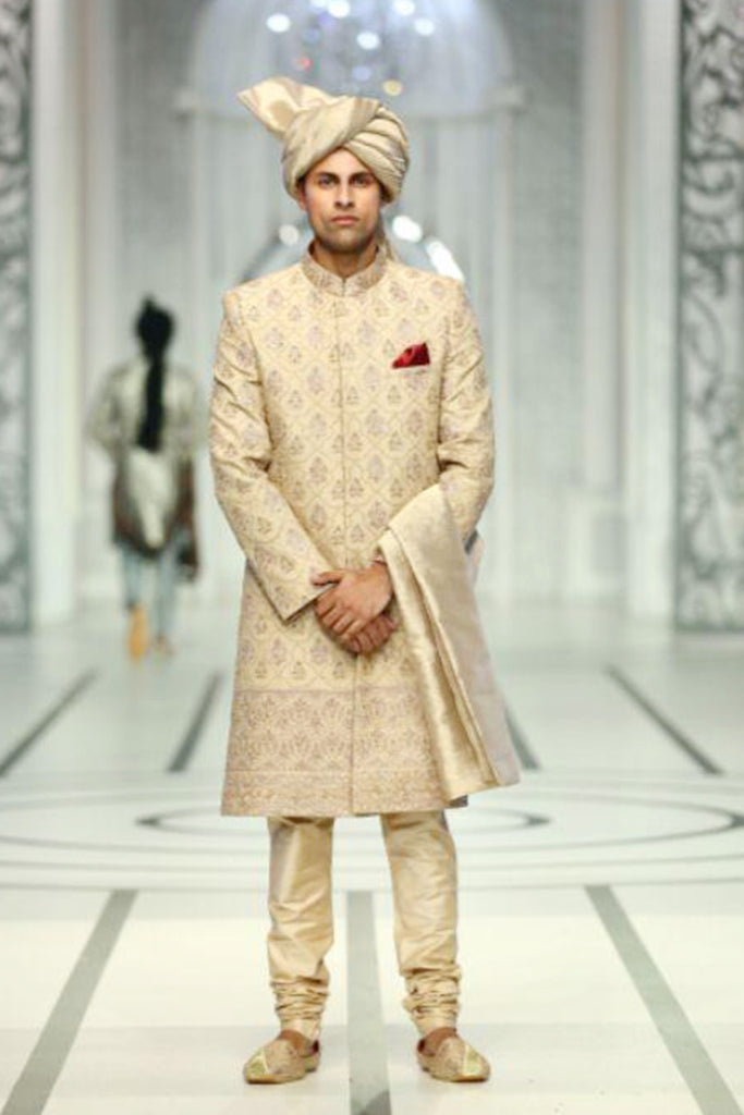 Ivory Gold Jacquard Sherwani (3-Piece) - Image 1