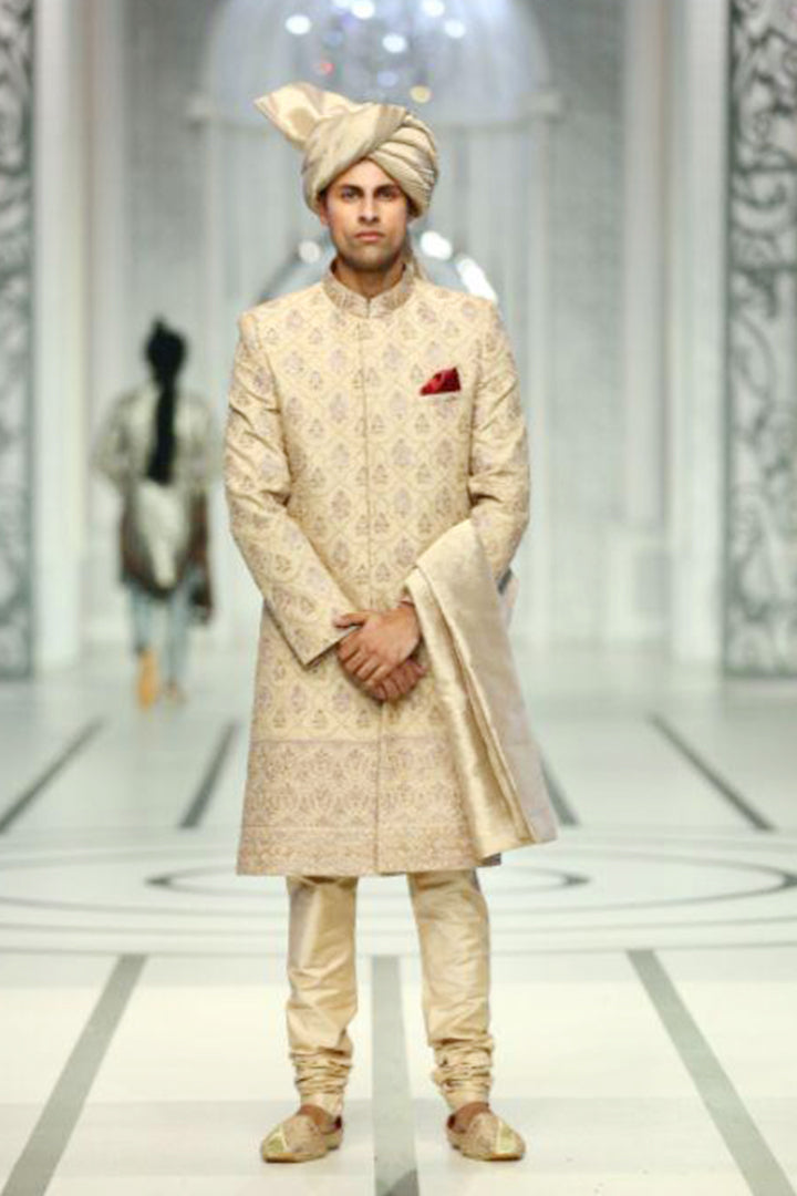 Ivory Gold Jacquard Sherwani (3-Piece) - Image 2