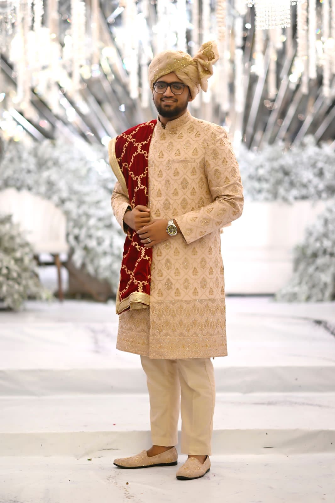 Ivory Gold Jacquard Sherwani (3-Piece) - Image 3