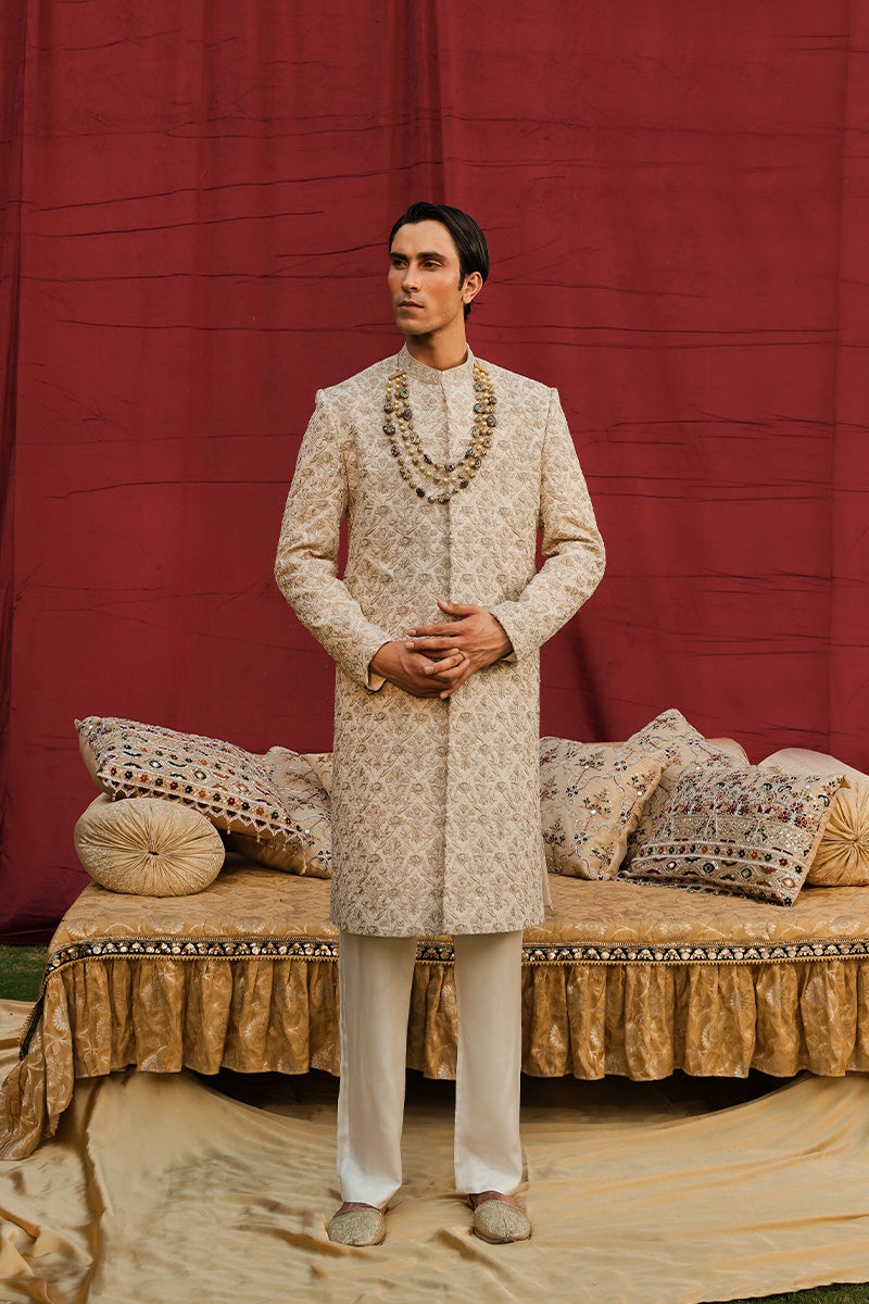 Ivory Art Nouveau Embroidered Jacquard Sherwani (3-Piece) - Image 4