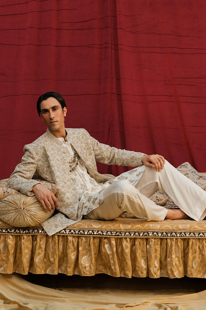 Ivory Art Nouveau Embroidered Jacquard Sherwani (3-Piece) - Image 8