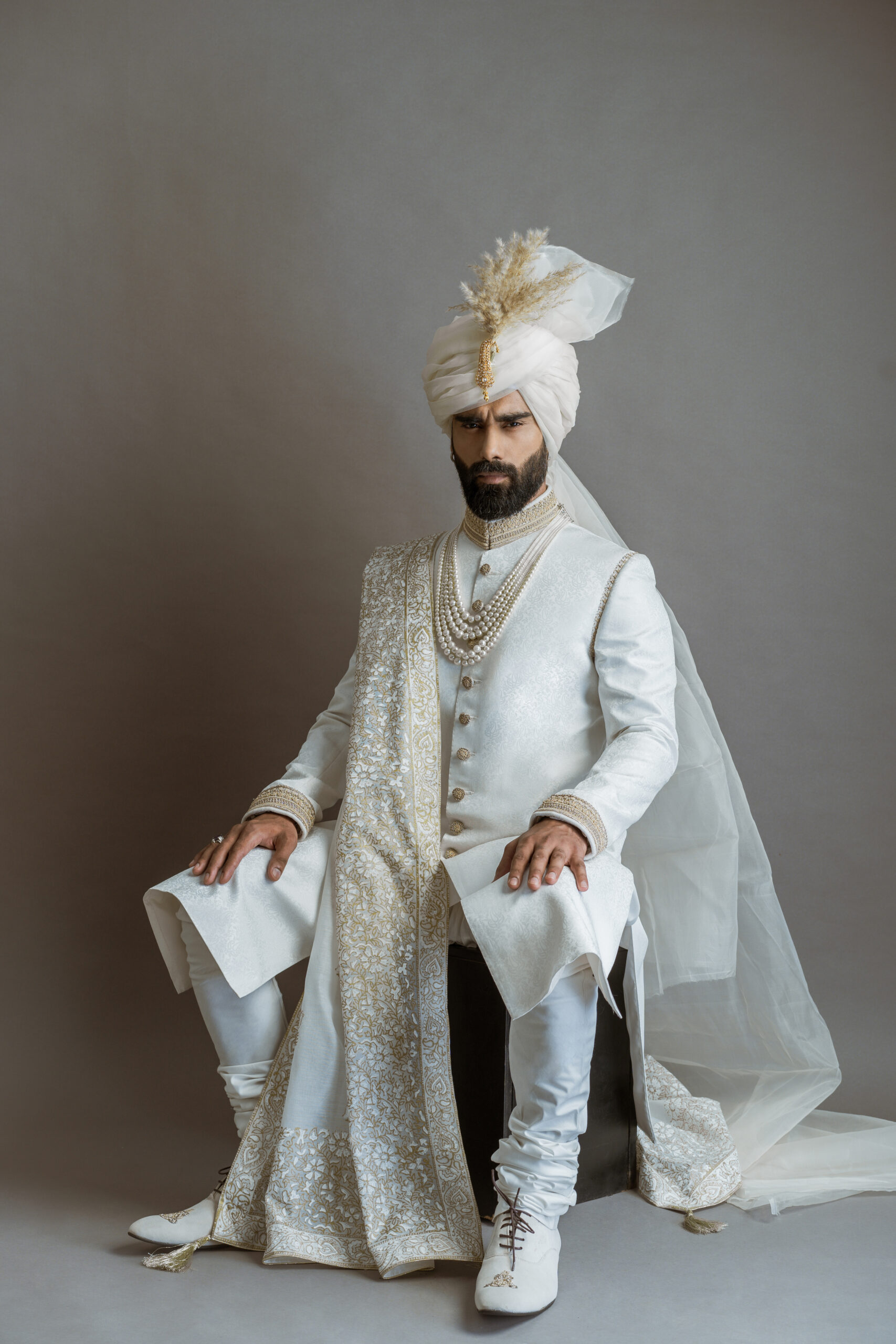 White Jacquard Sherwani with Embroidered Shawl (3-Piece) - Image 1