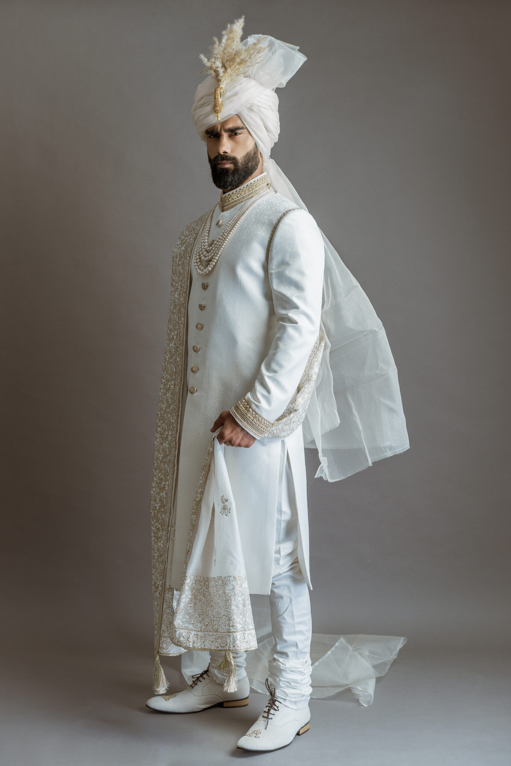 White Jacquard Sherwani with Embroidered Shawl (3-Piece) - Image 2