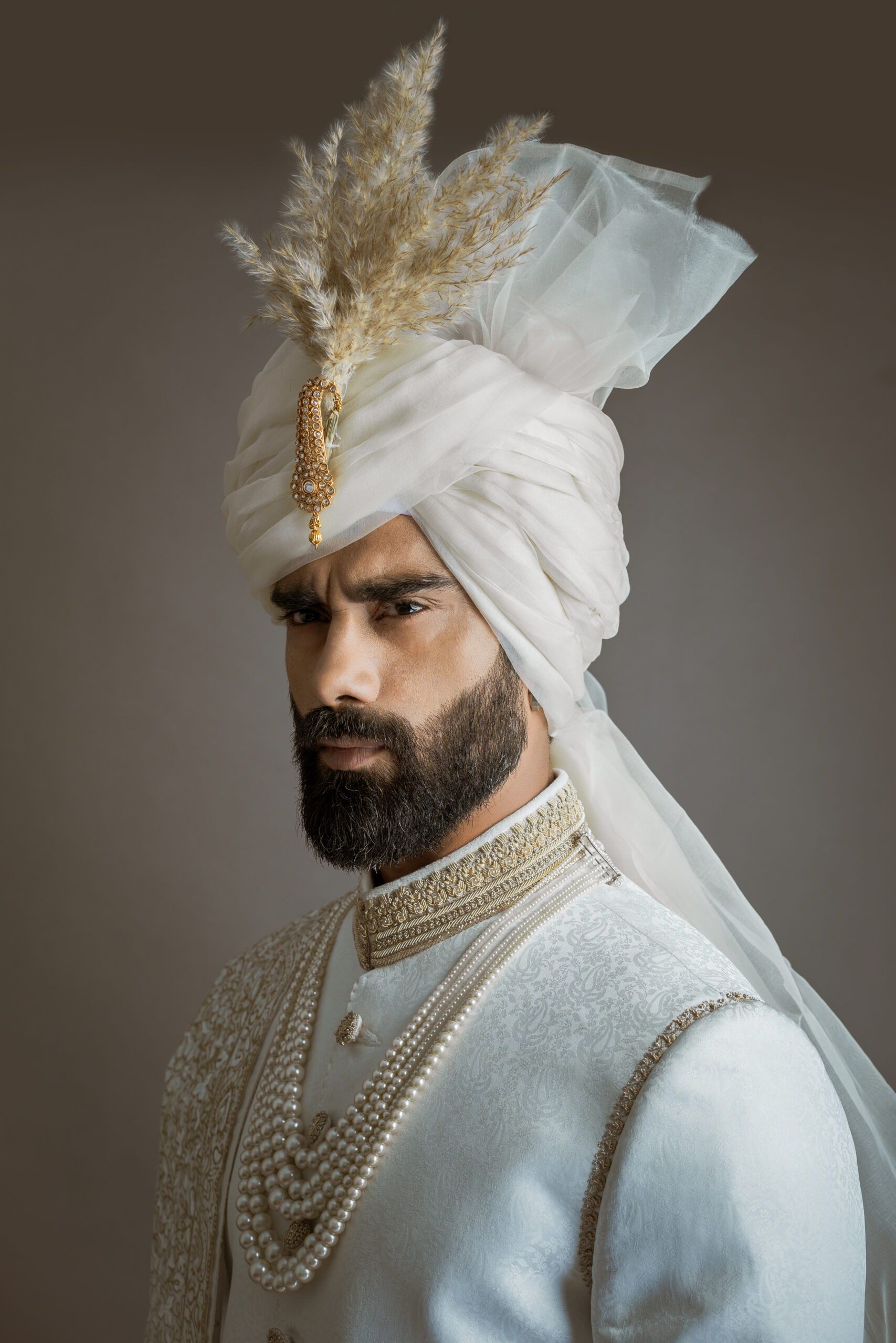 White Jacquard Sherwani with Embroidered Shawl (3-Piece) - Image 3