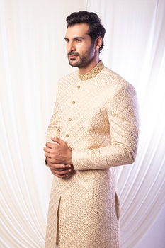 Ivory Gold Embroidered Jacquard Sherwani (2-Piece) - Image 1