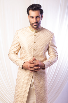 Ivory Gold Embroidered Jacquard Sherwani (2-Piece) - Image 2