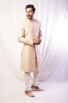 Ivory Gold Embroidered Jacquard Sherwani (2-Piece) - Image 3