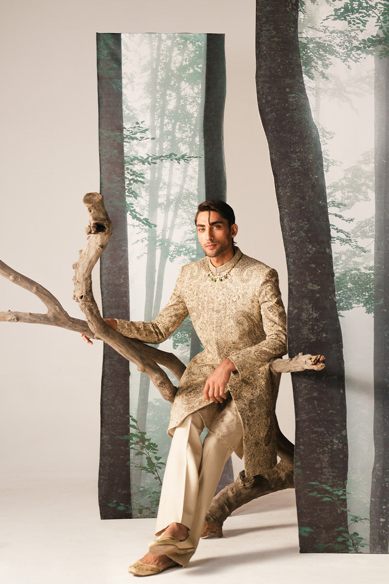 Ivory Hand Embroidered Jacquard Sherwani (3-Piece) - Image 14