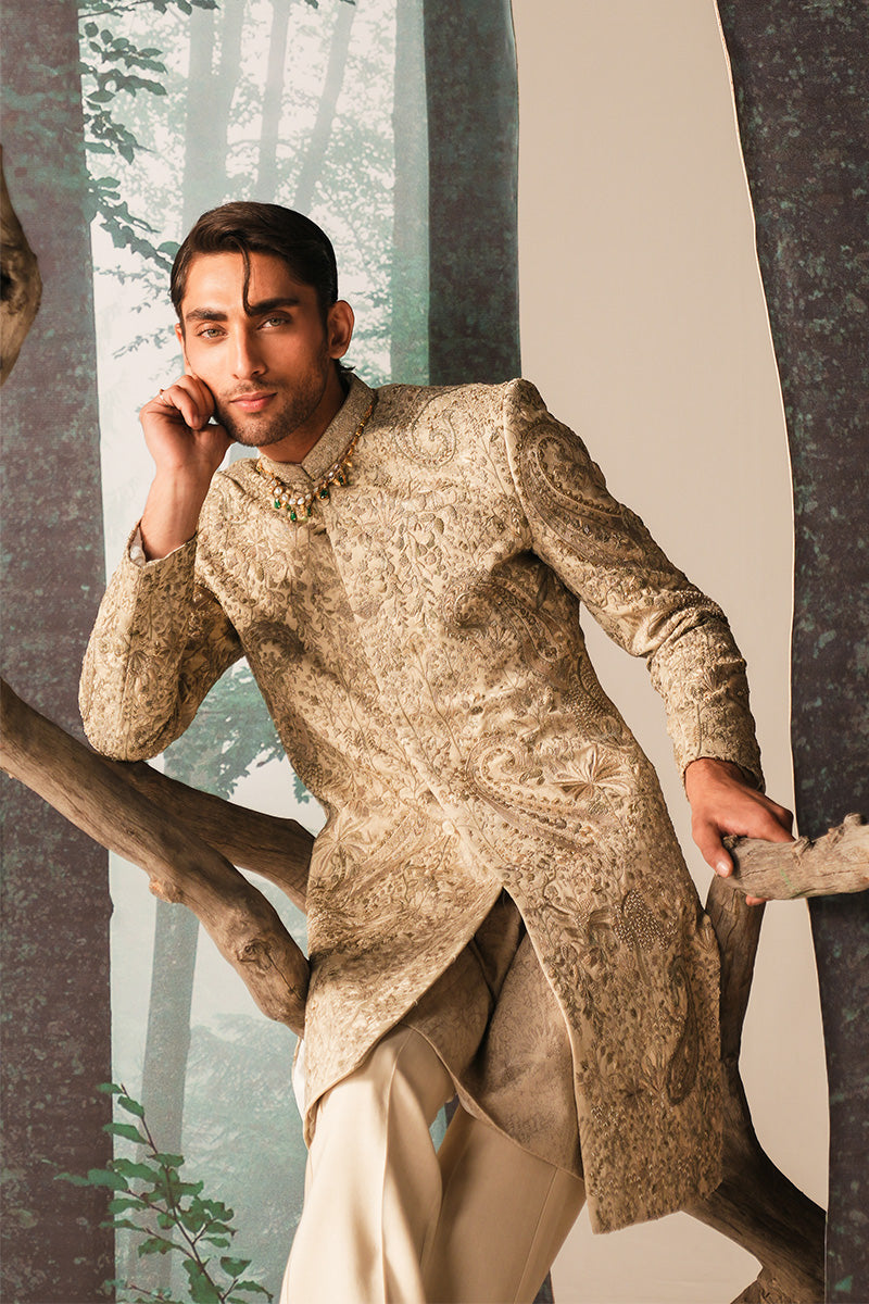 Ivory Hand Embroidered Jacquard Sherwani (3-Piece) - Image 15