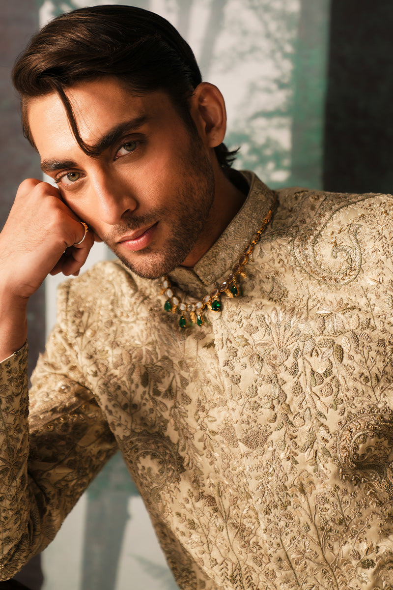 Ivory Hand Embroidered Jacquard Sherwani (3-Piece) - Image 4