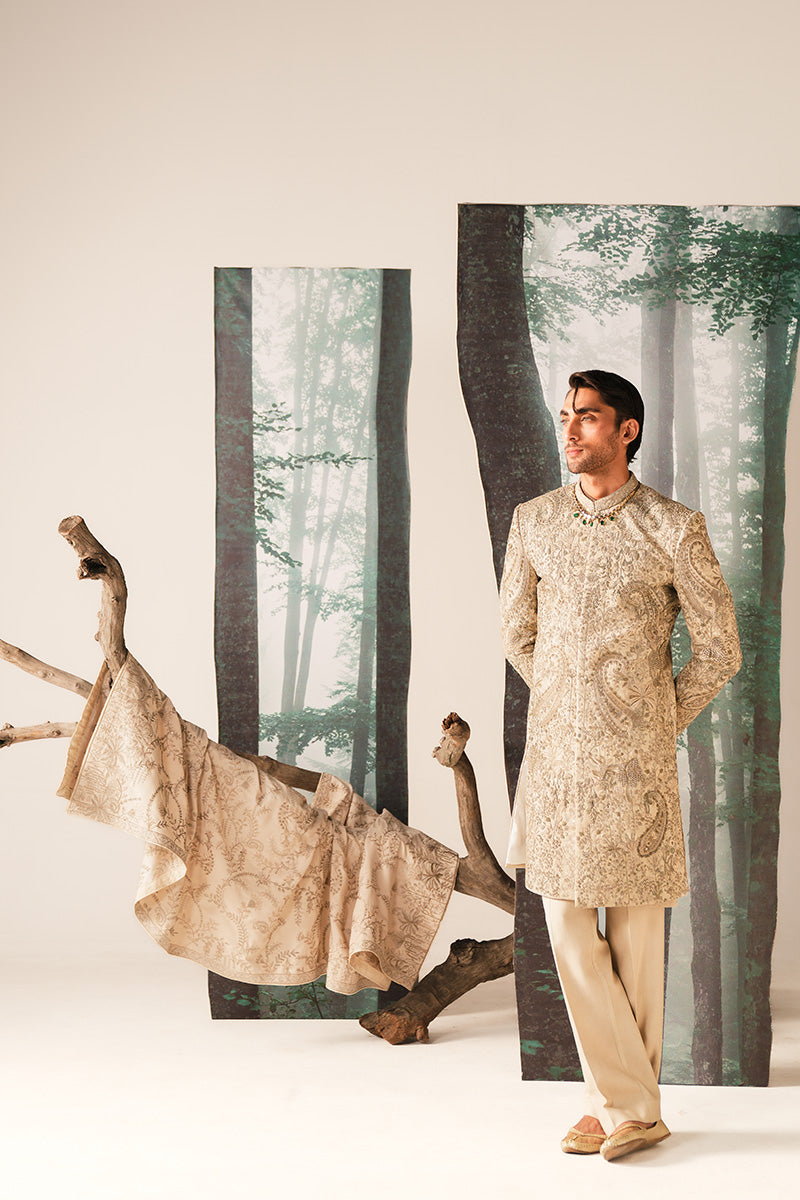Ivory Hand Embroidered Jacquard Sherwani (3-Piece) - Image 5