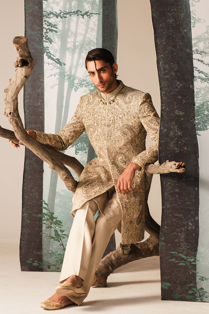 Ivory Hand Embroidered Jacquard Sherwani (3-Piece) - Image 6