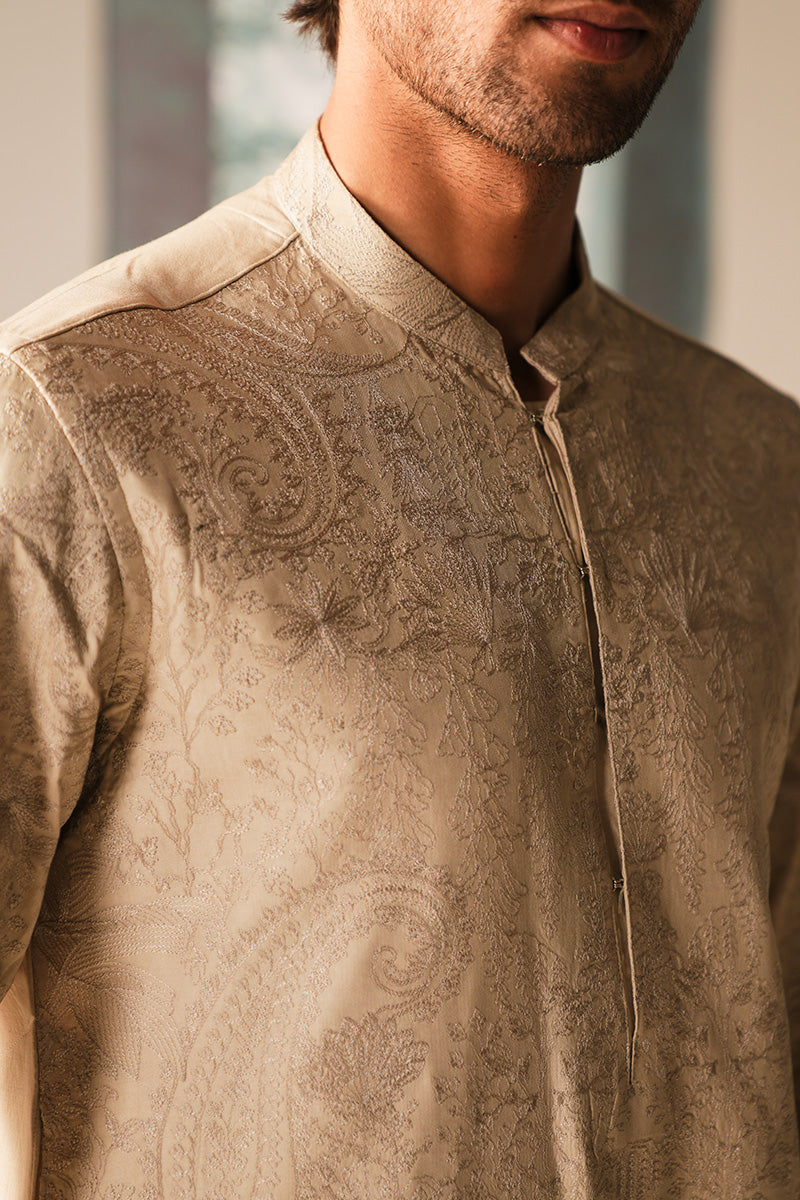 Ivory Hand Embroidered Jacquard Sherwani (3-Piece) - Image 8