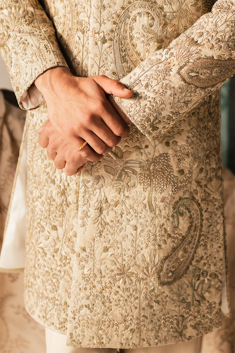 Ivory Hand Embroidered Jacquard Sherwani (3-Piece) - Image 9
