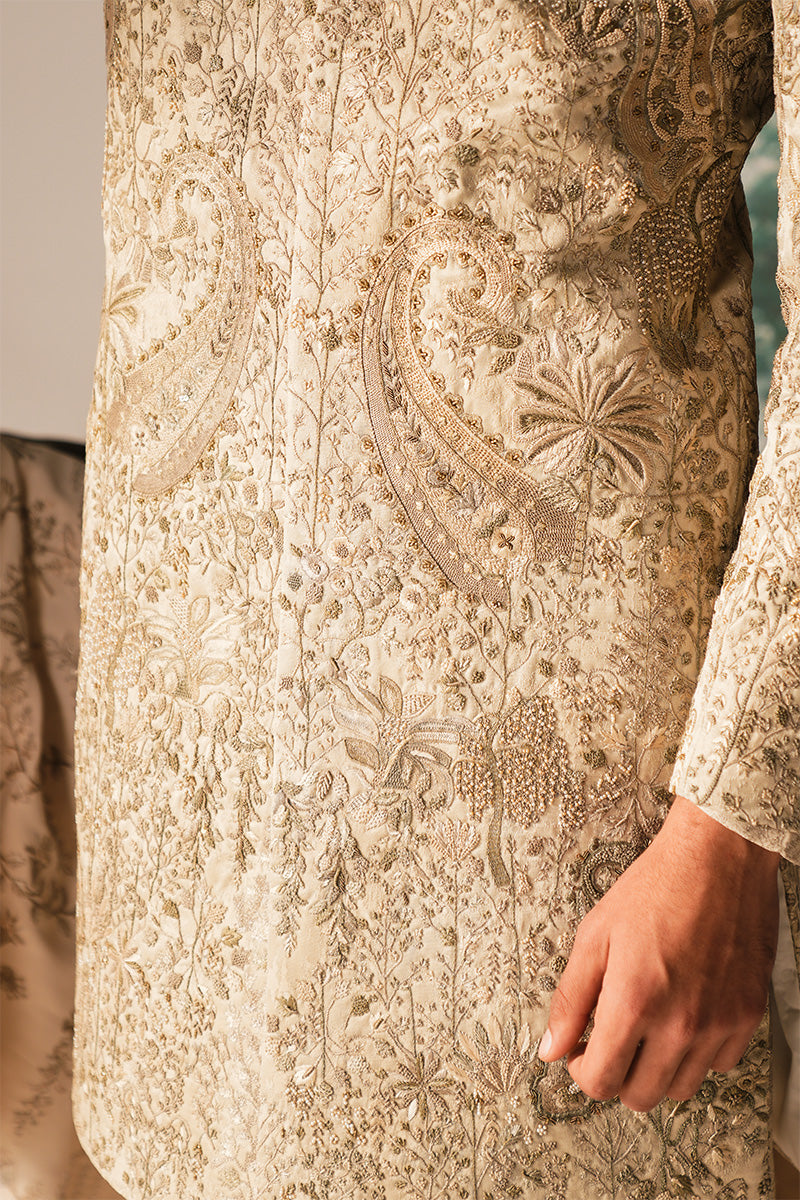 Ivory Hand Embroidered Jacquard Sherwani (3-Piece) - Image 1