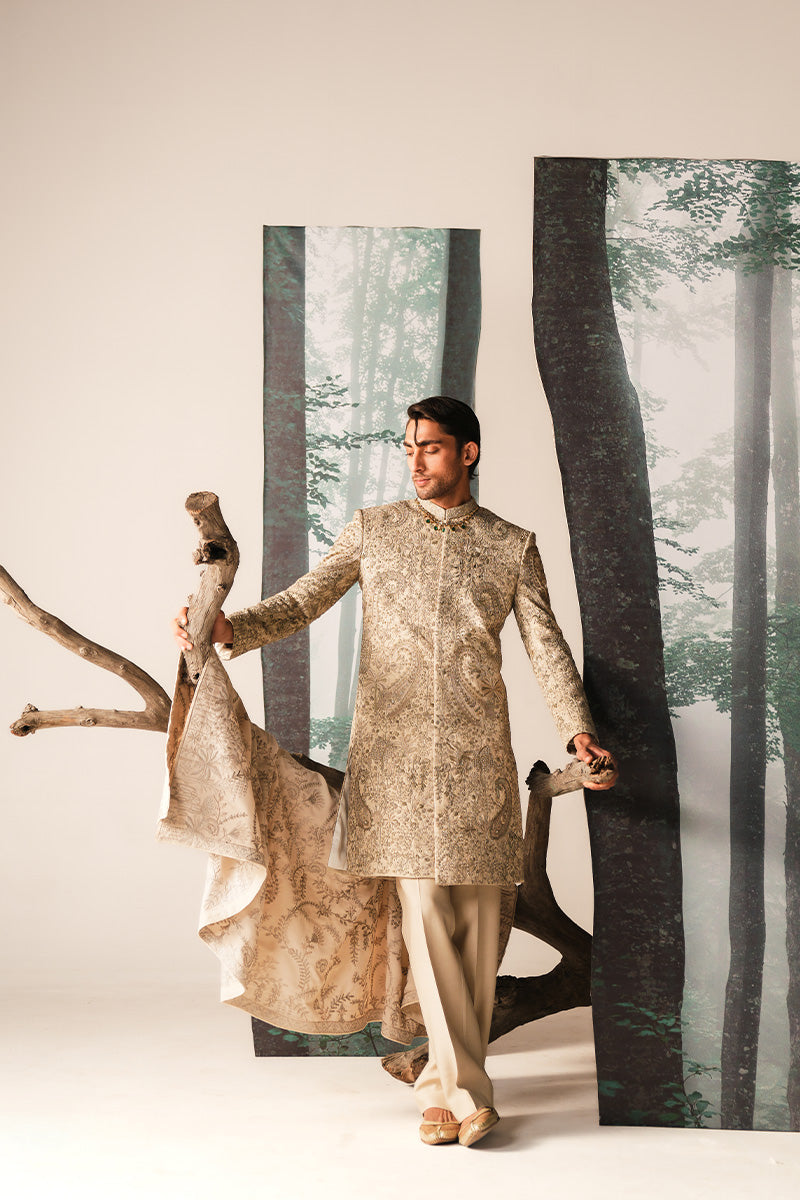 Ivory Hand Embroidered Jacquard Sherwani (3-Piece) - Image 2