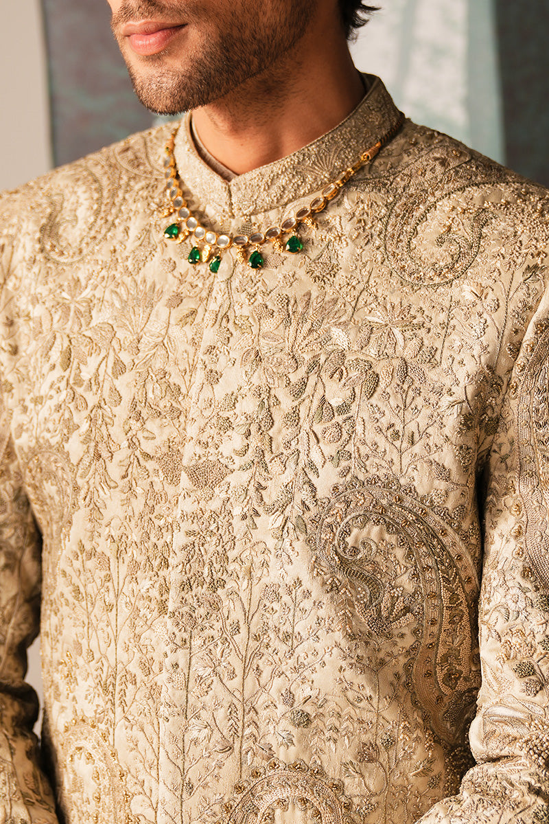 Ivory Hand Embroidered Jacquard Sherwani (3-Piece) - Image 7