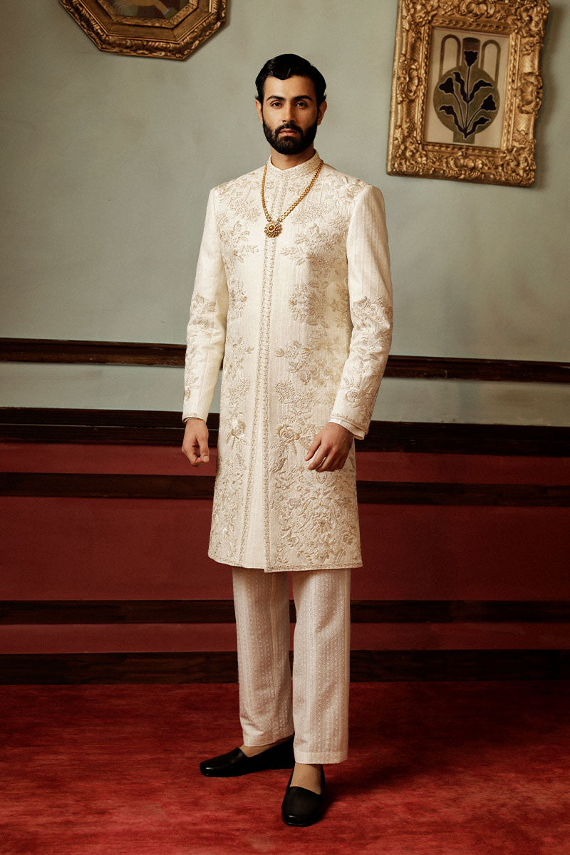 Ivory Jacquard Sherwani with Resham & Metallic Embroidery (2-Piece) - Image 1