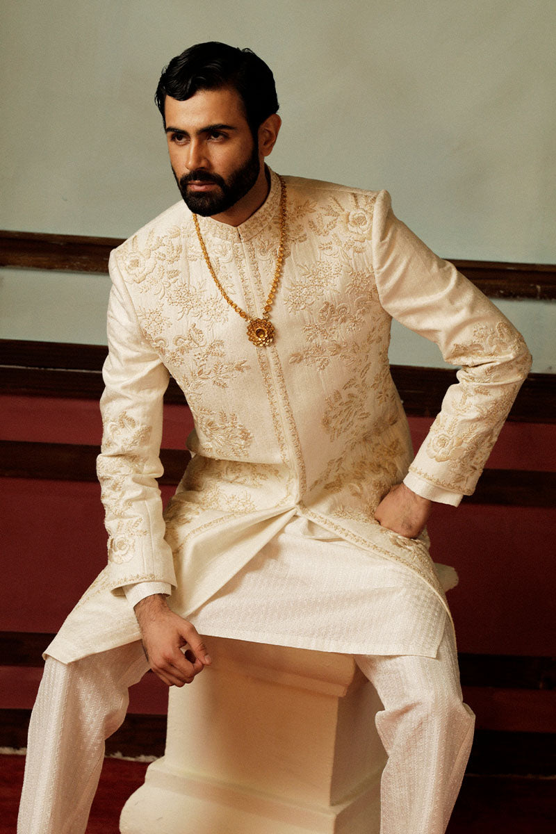 Ivory Jacquard Sherwani with Resham & Metallic Embroidery (2-Piece) - Image 2