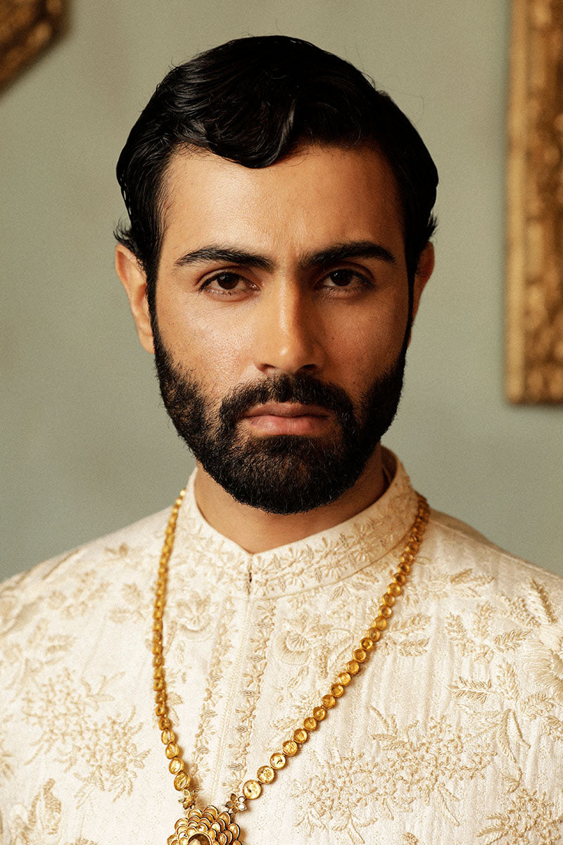 Ivory Jacquard Sherwani with Resham & Metallic Embroidery (2-Piece) - Image 3