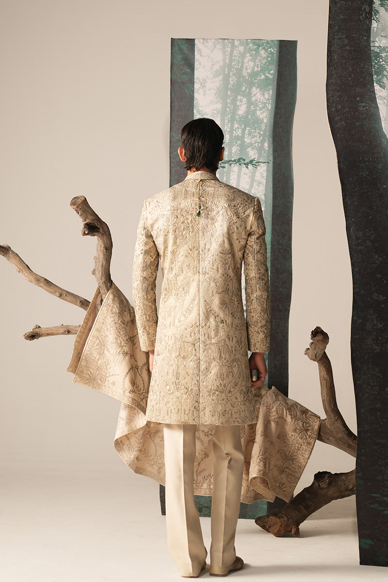 Ivory Hand Embroidered Jacquard Sherwani (3-Piece) - Image 10