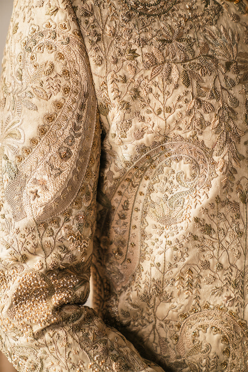 Ivory Hand Embroidered Jacquard Sherwani (3-Piece) - Image 11