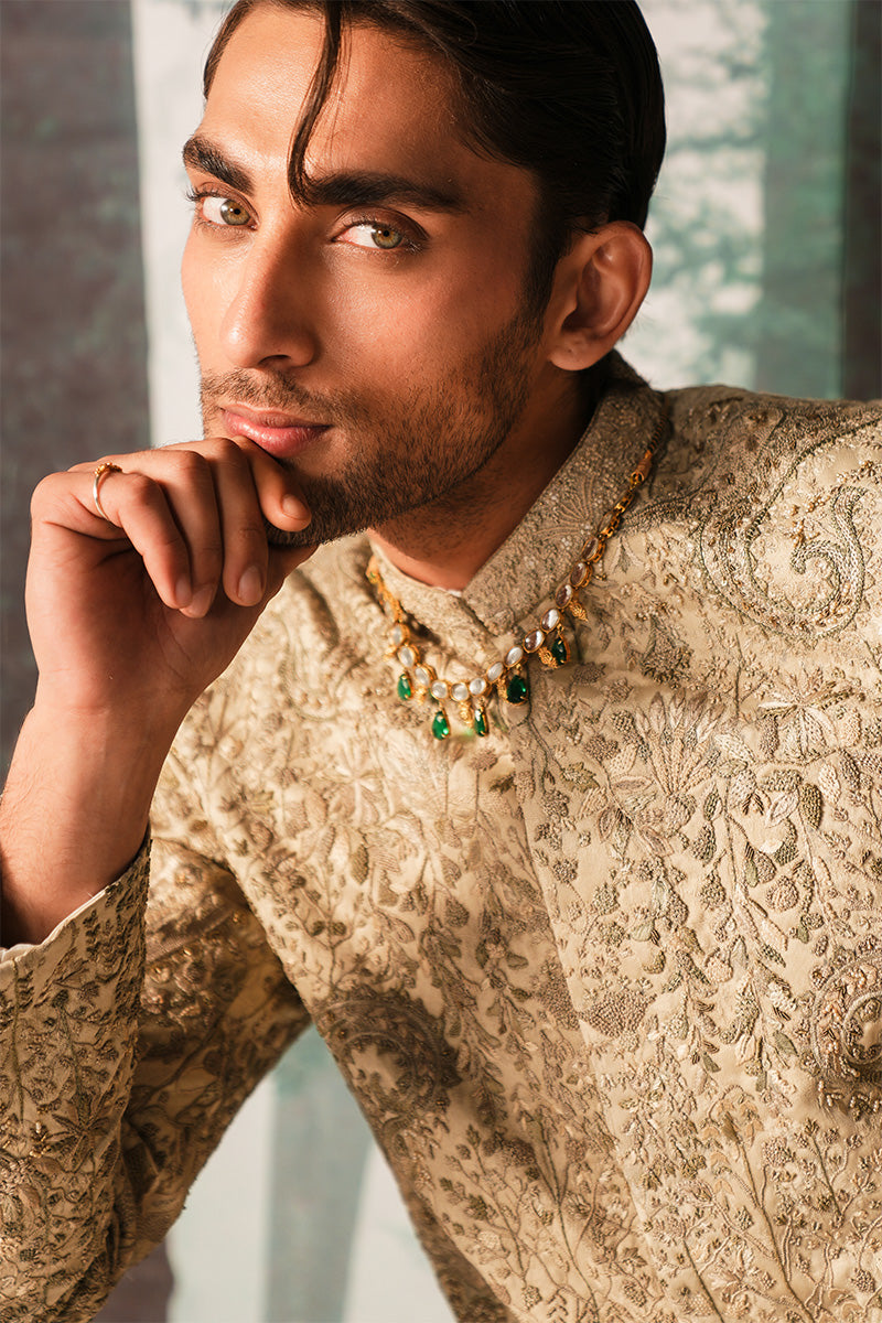 Ivory Hand Embroidered Jacquard Sherwani (3-Piece) - Image 3